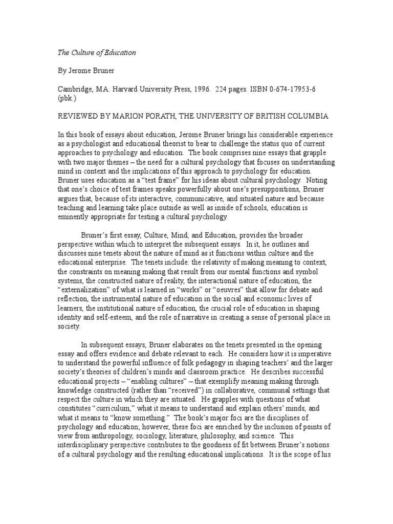 The Culture of Education CJ e Book Review | PDF | Education Reform | Mind
