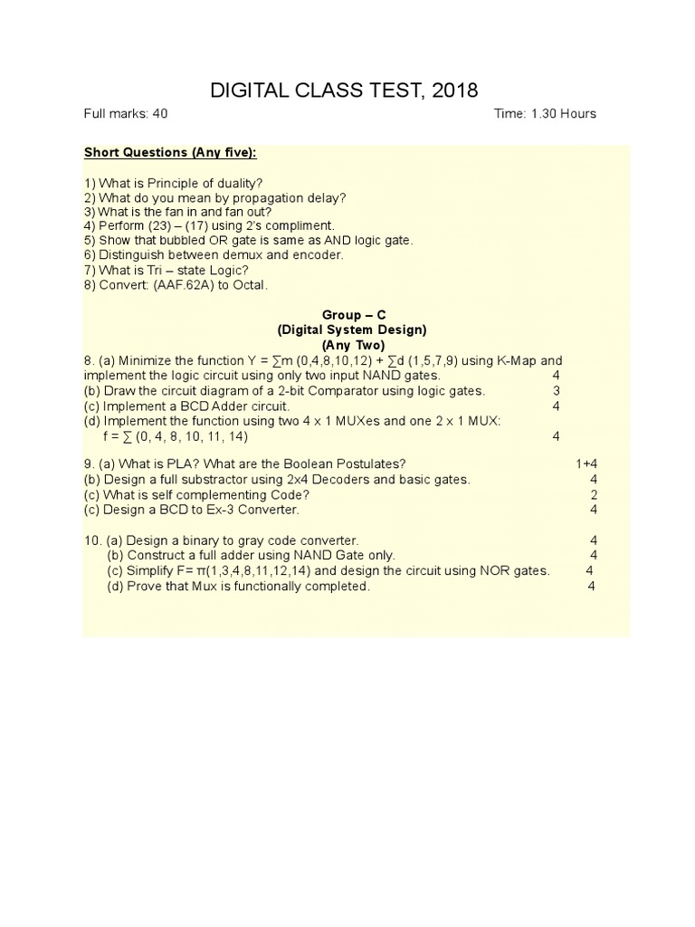 Digital Questions For 1st Year Test, 2018 | PDF | Technology & Engineering
