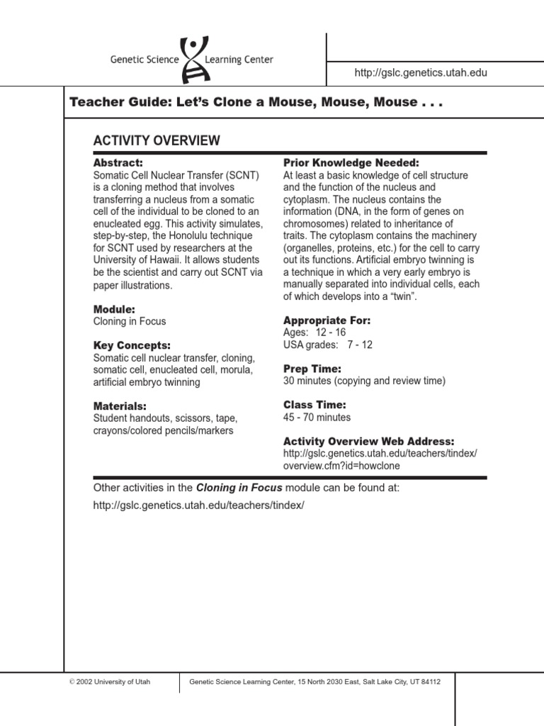 Teacher Guide Let's Clone A Mouse, Mouse, Mouse . . Activity