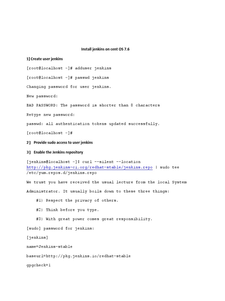 Install Jenkins on CentOS 7.6 Guide | PDF | Sudo | Software