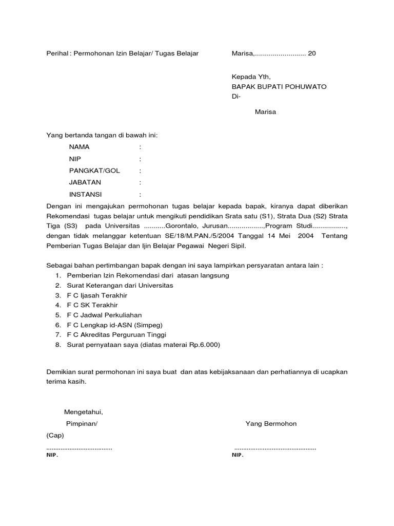 Contoh Surat Permohonan Ijin Belajar Tugas Belajar Pns Di Lingkungan Pemda Pohuwato