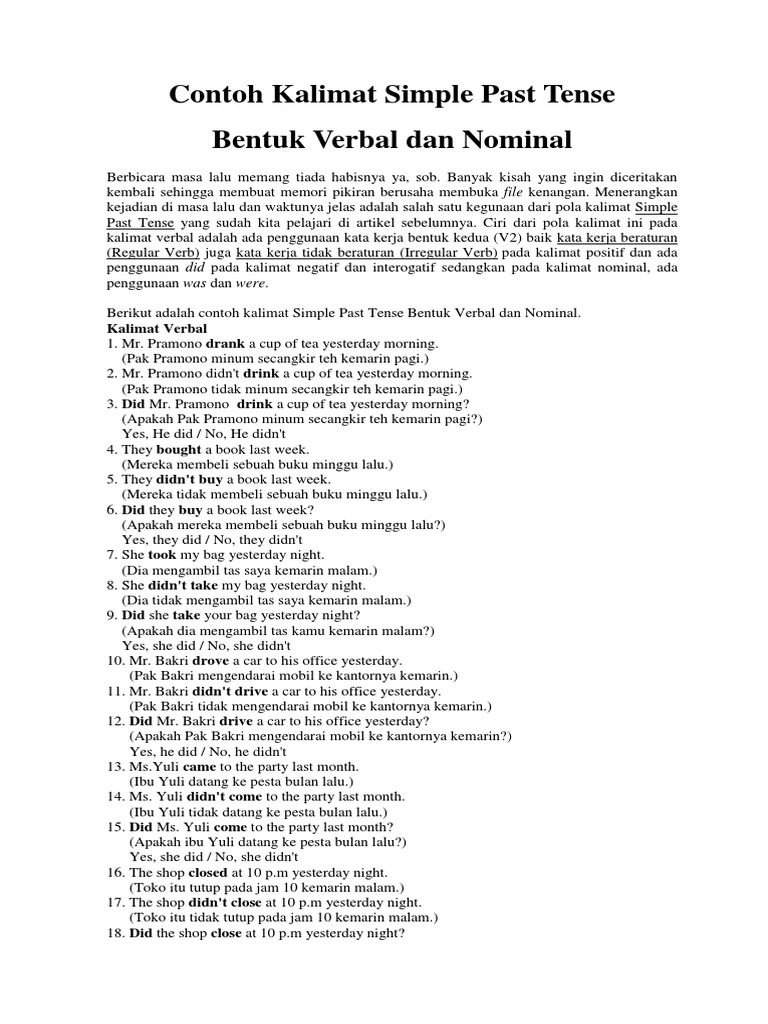 Contoh Kalimat Simple Past Tense Bentuk Verbal Dan Nominal