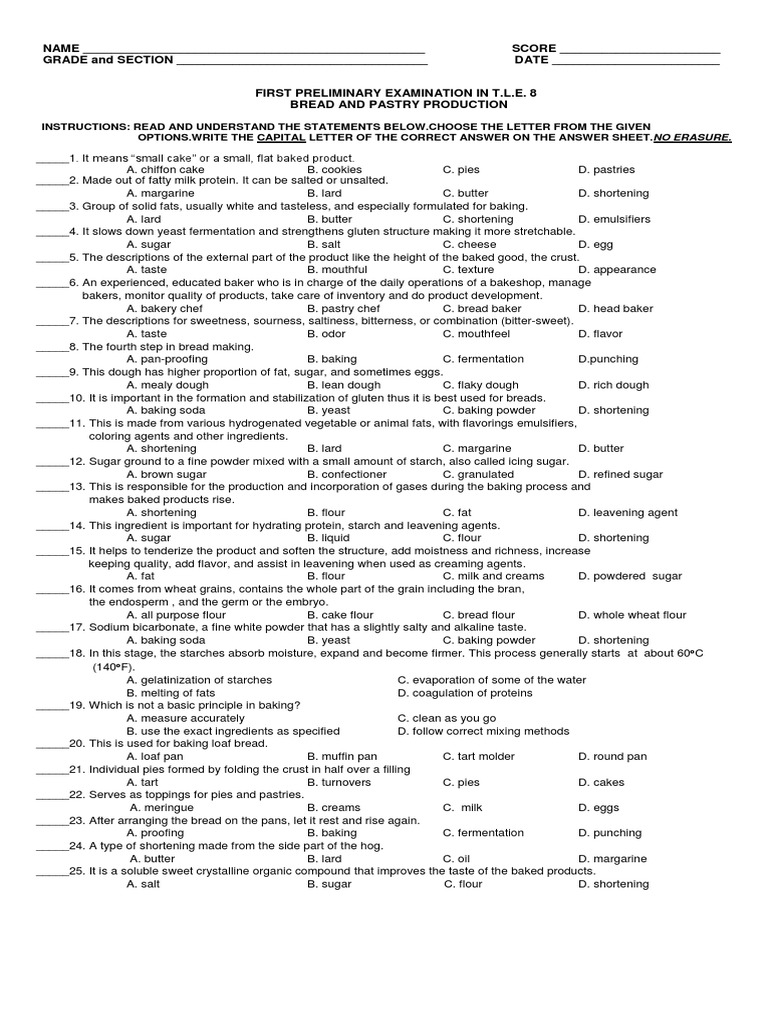 1st PRELIMINARY Examination Bread and Pastry SY 2018 2019 PDF Flour