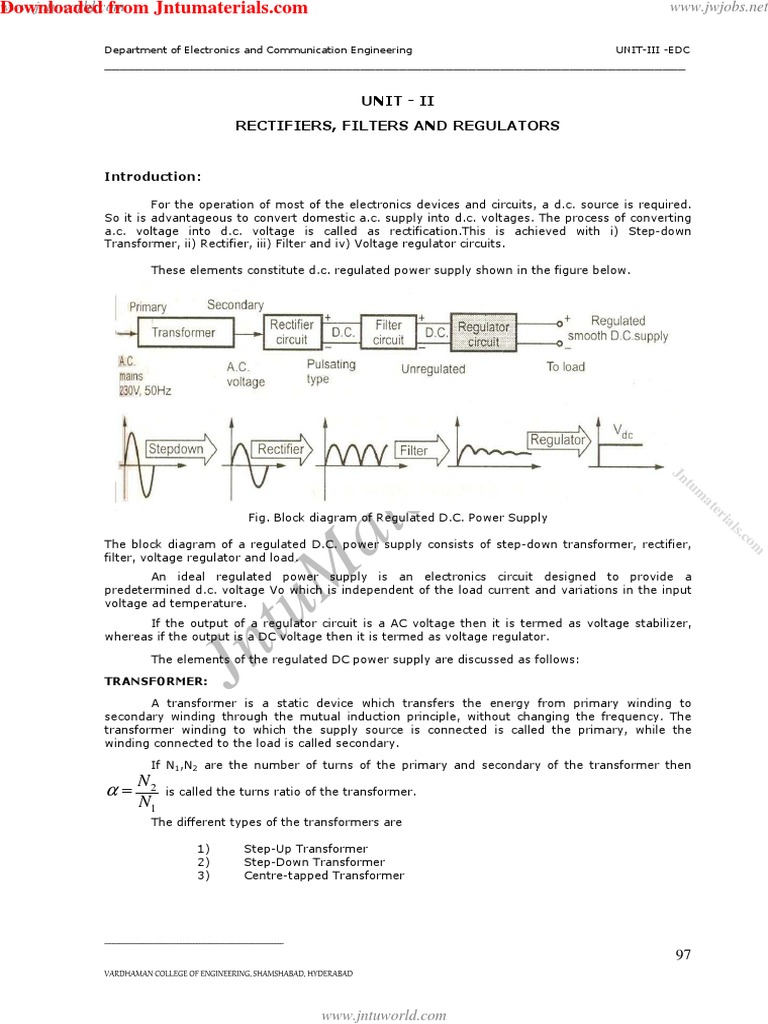 UnitII Rectifiers Filters and Regulators PDF Rectifier Power Supply