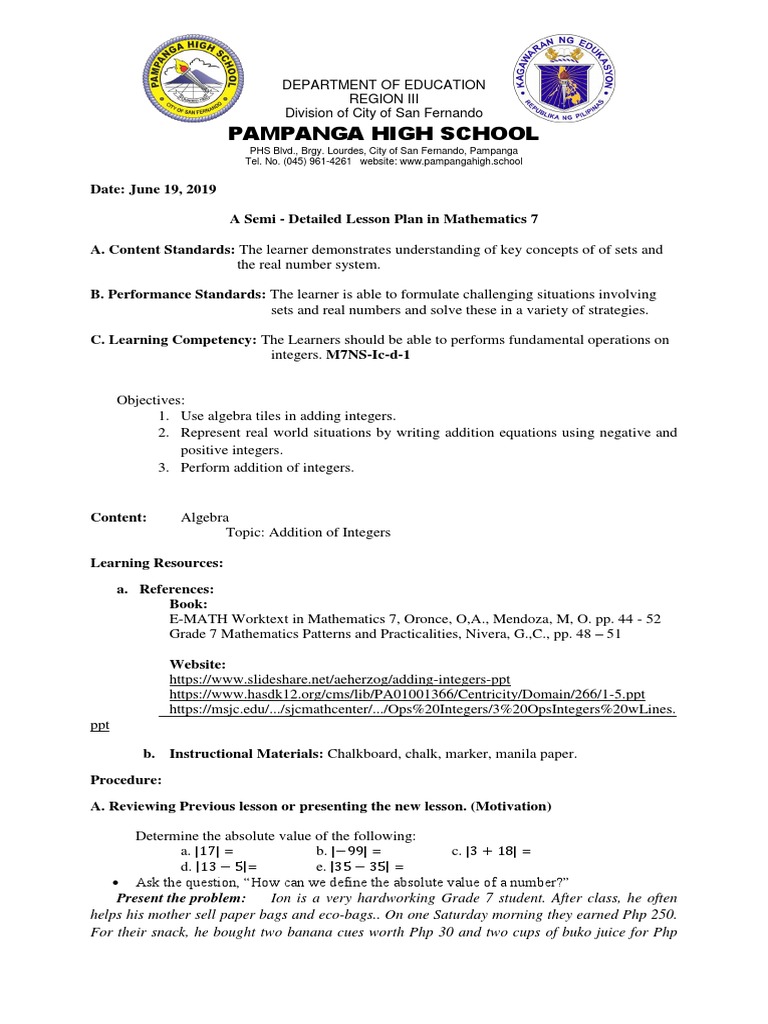 1st Cot Adding Integers Efraime Algebra Learning