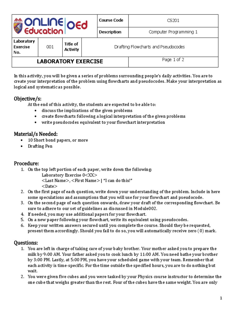 Week002 Lab1 ProblemSolvingThroughFlowcharts Edited | PDF | Cognition ...