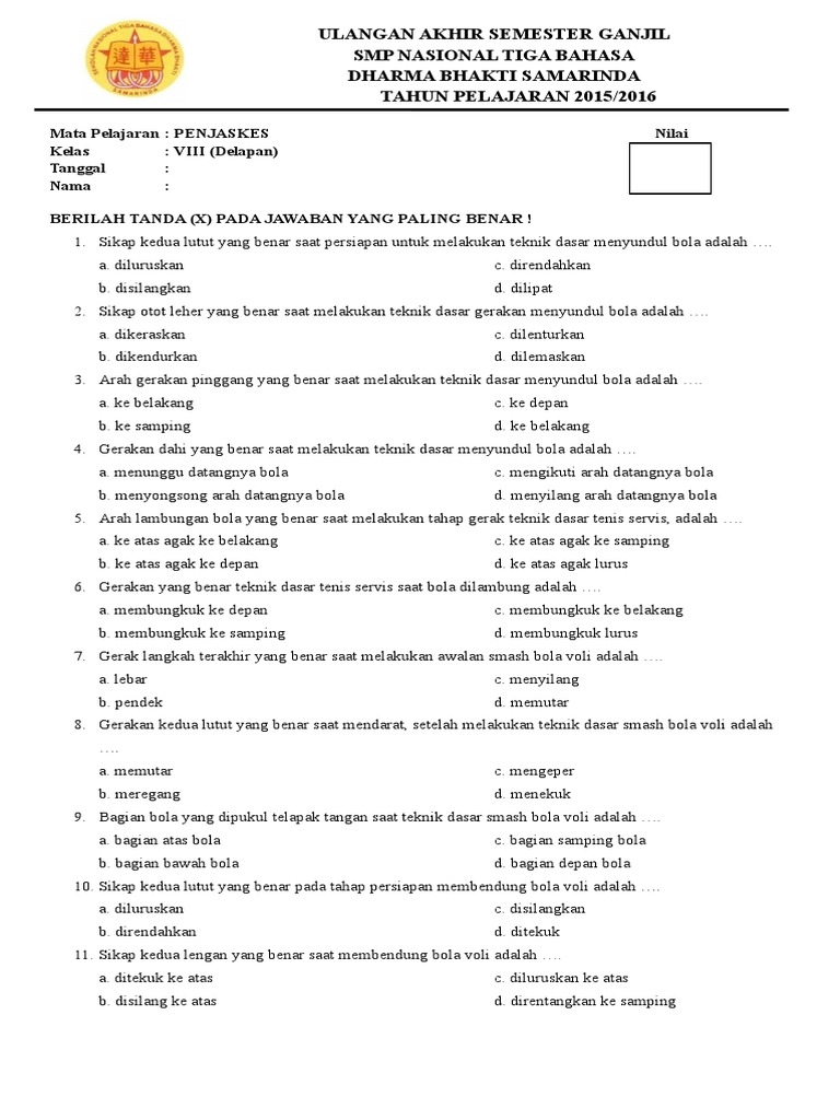 Soal Penjaskes Kelas 8 Desember