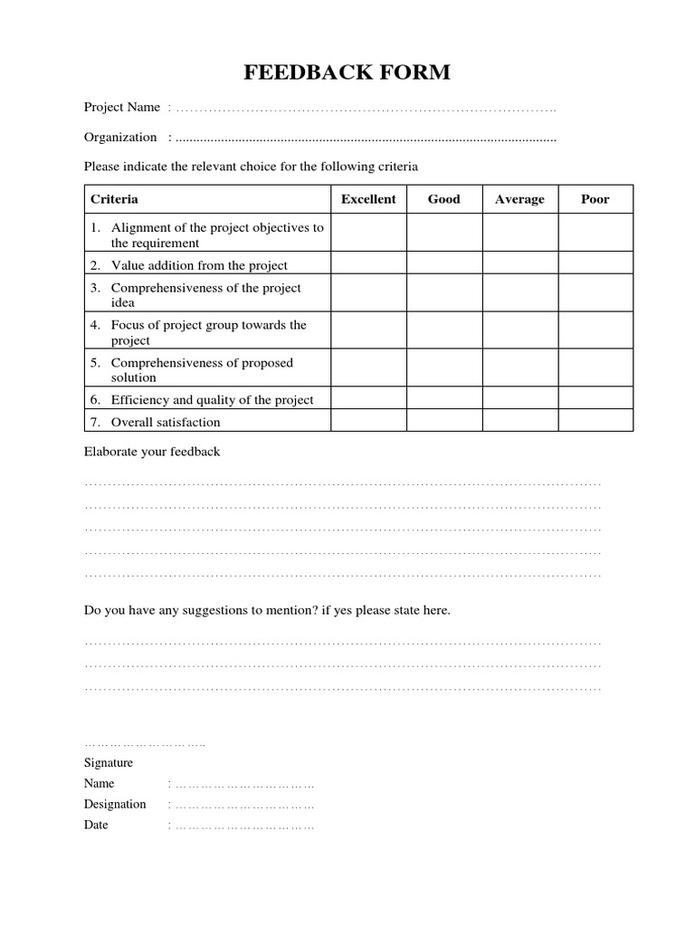 Feedback Form: Criteria Excellent Good Average Poor | PDF | Career ...