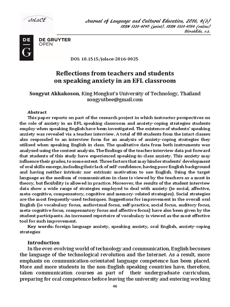 EFL Classroom Speaking Anxiety Insights | PDF | English As A Second Or ...