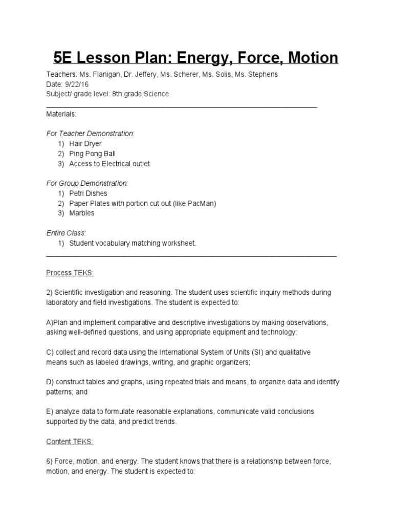 5E Lesson Plan Energy Force Motion PDF | PDF | Scientific Method | Force