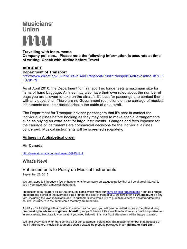 Travelling with Musical Instruments PDF Baggage Airlines