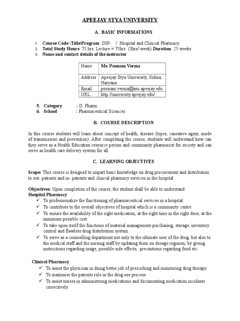 Hospital and Clinical Pharmacy Course Overview | PDF | Pharmacy | Dose ...
