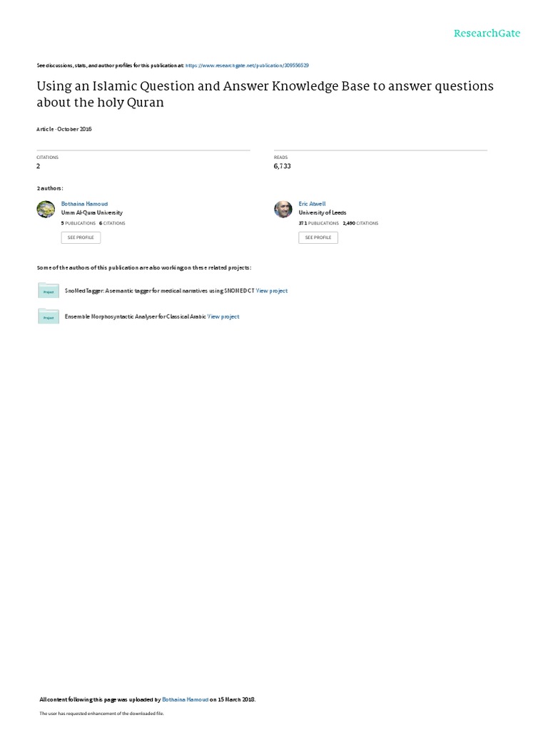 Using An Islamic Question and Answer Knowledge Base To Answer Questions ...