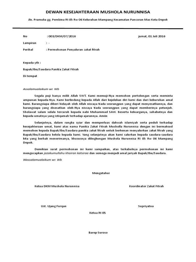 Contoh Surat Permohonan Zakat