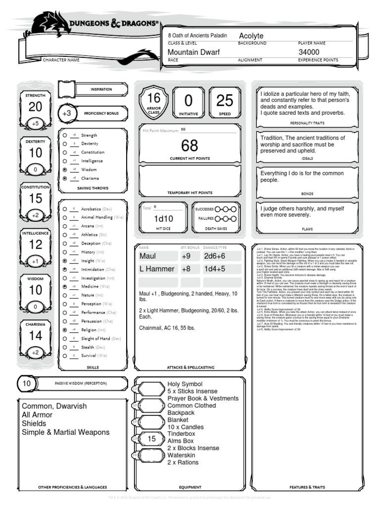 5e Lvl 8 Dwarf Oath Of The Ancients Paladin Tsr Company Games Role Playing Games