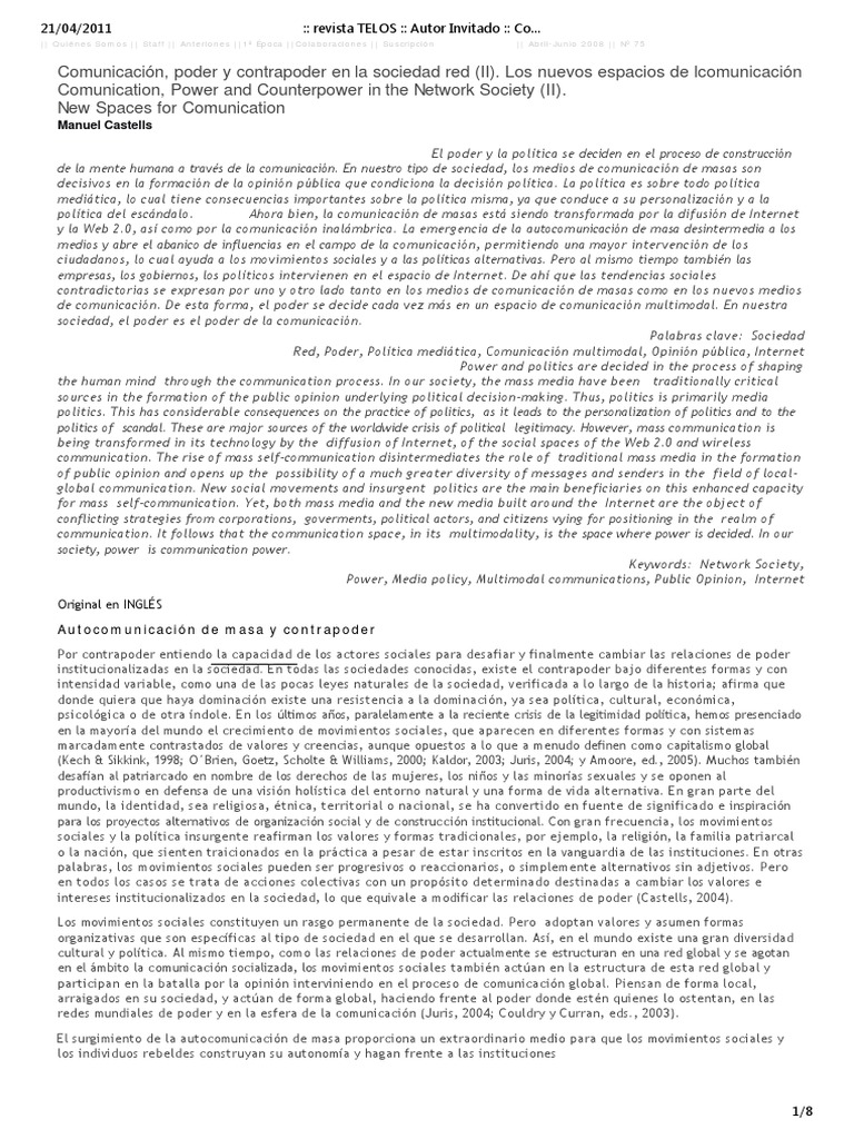 Comunicación Poder Y Contrapoder En La Sociedad Red Ii Los Nuevos
