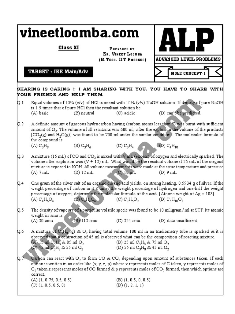 Advanced Mole Concept Problems for JEE | PDF | Molar Concentration ...