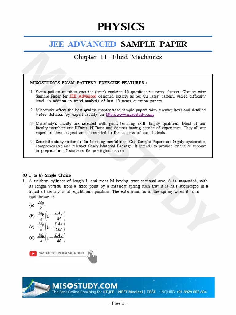Analysis of Fluid Mechanics Concepts and Sample Questions from the JEE ...