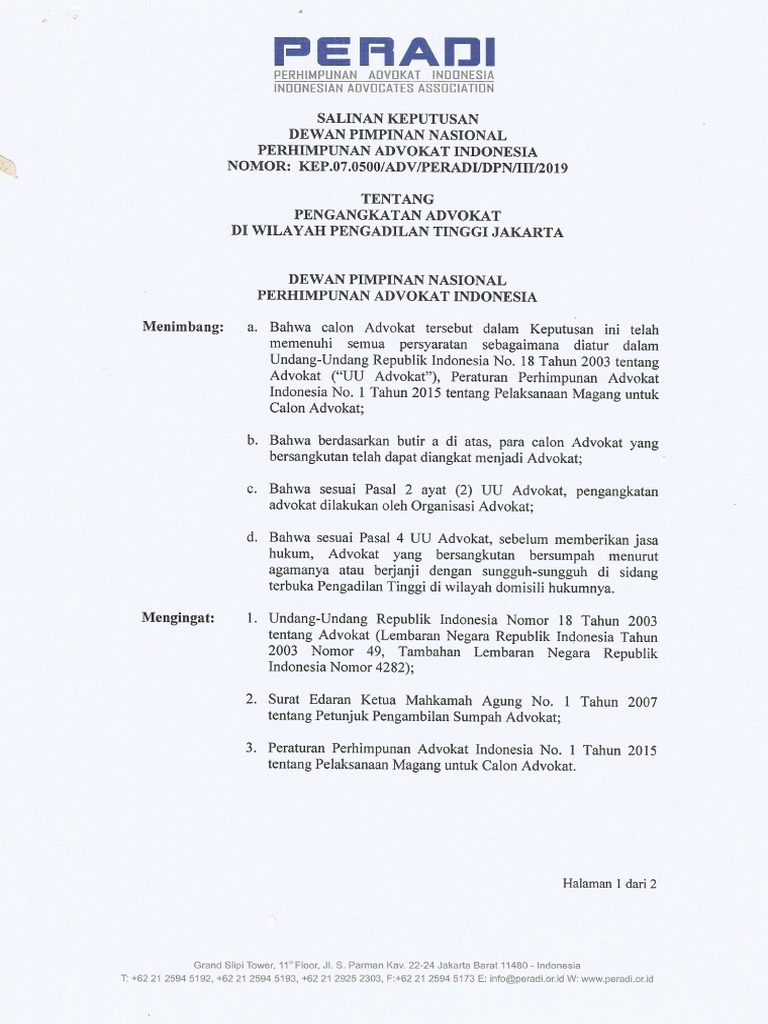 Berita Acara Sumpah Peradi Advokat