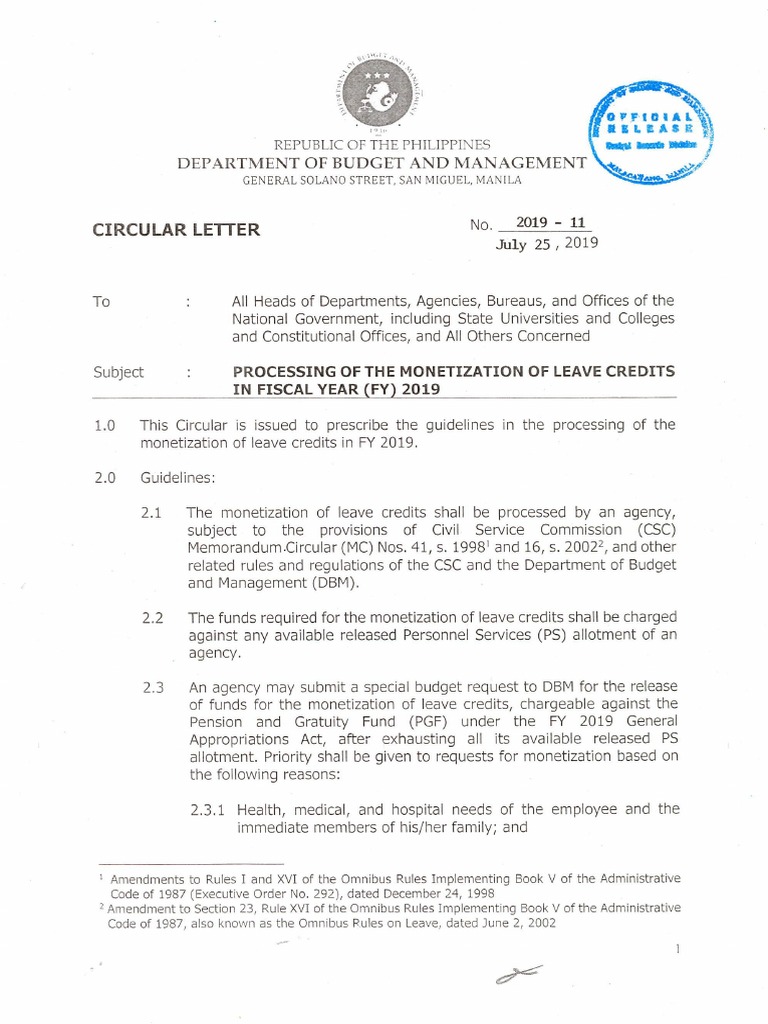 Circular Letter No. 2019-11 Processing Oth The Monetization of Leave ...