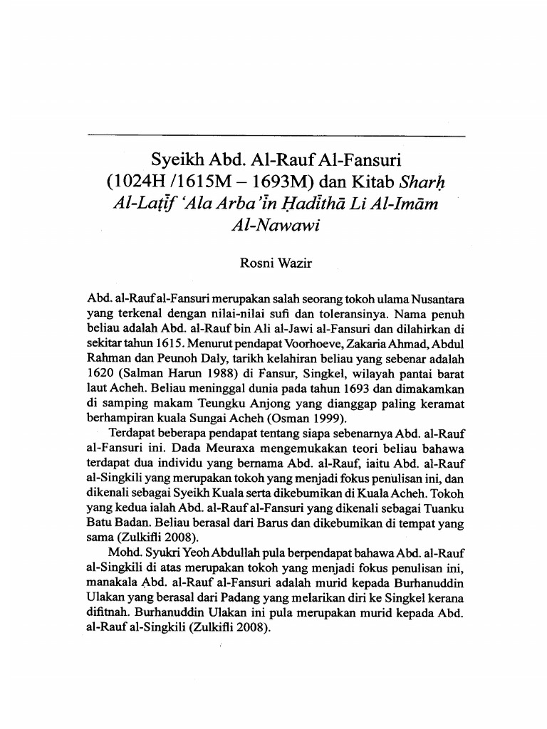Syeikh Abd. Al-Rauf Al-Fansuri (1024H1615M-1693M) Dan Kitab Sharh Al ...