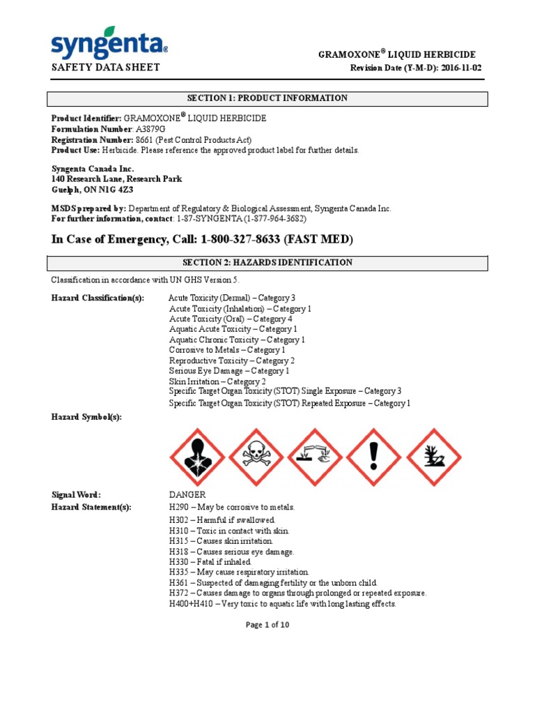 Gramoxone 8661 en SDS | PDF | Toxicity | Dangerous Goods