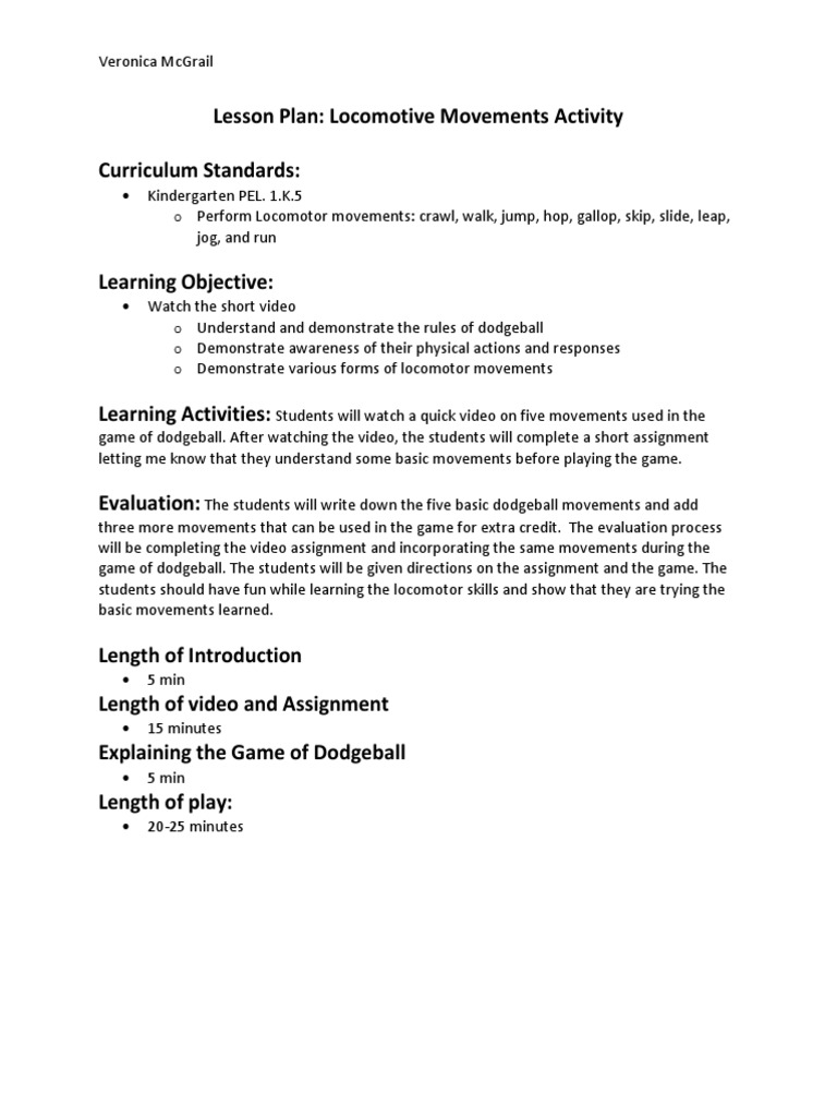 Kindergarten Dodgeball Locomotor Lesson | PDF