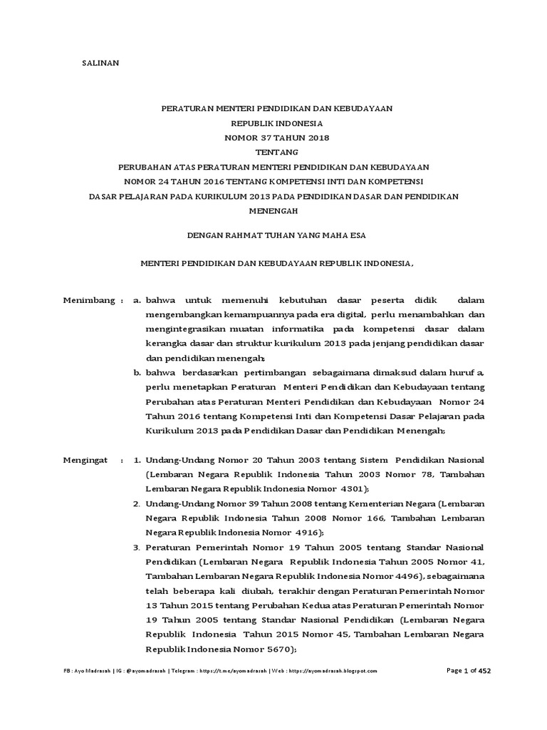Permendikbud No 37 Tahun 2018 KIKD SD MI SMP SMA Full PDF