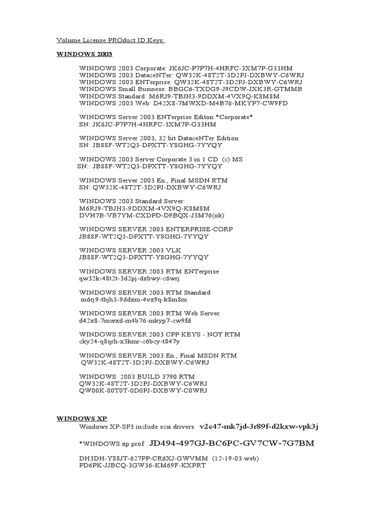 Windows 2003: JD494-497GJ-BC6PC-GV7CW-7G7BM | PDF | Windows 2000 |  Microsoft Windows