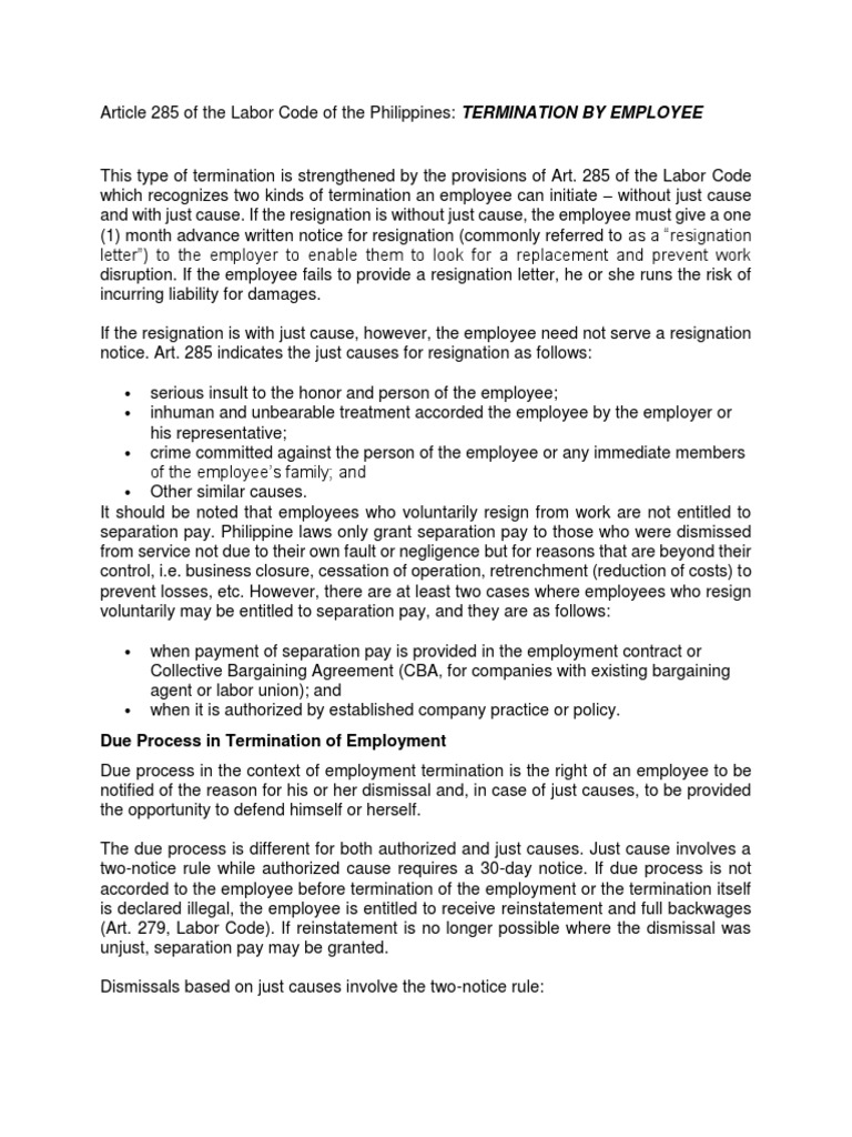 Labor Code Article 285 Employee Termination Rights PDF Employment