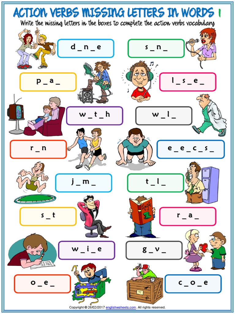 Action Verbs Vocabulary Esl Missing Letters In Words Worksheets For Kids