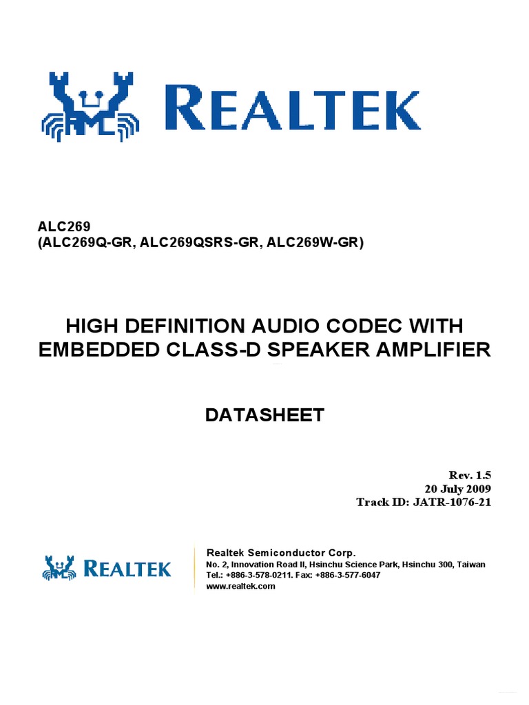 High Definition Audio Codec With Embedded ClassD Speaker Amplifier