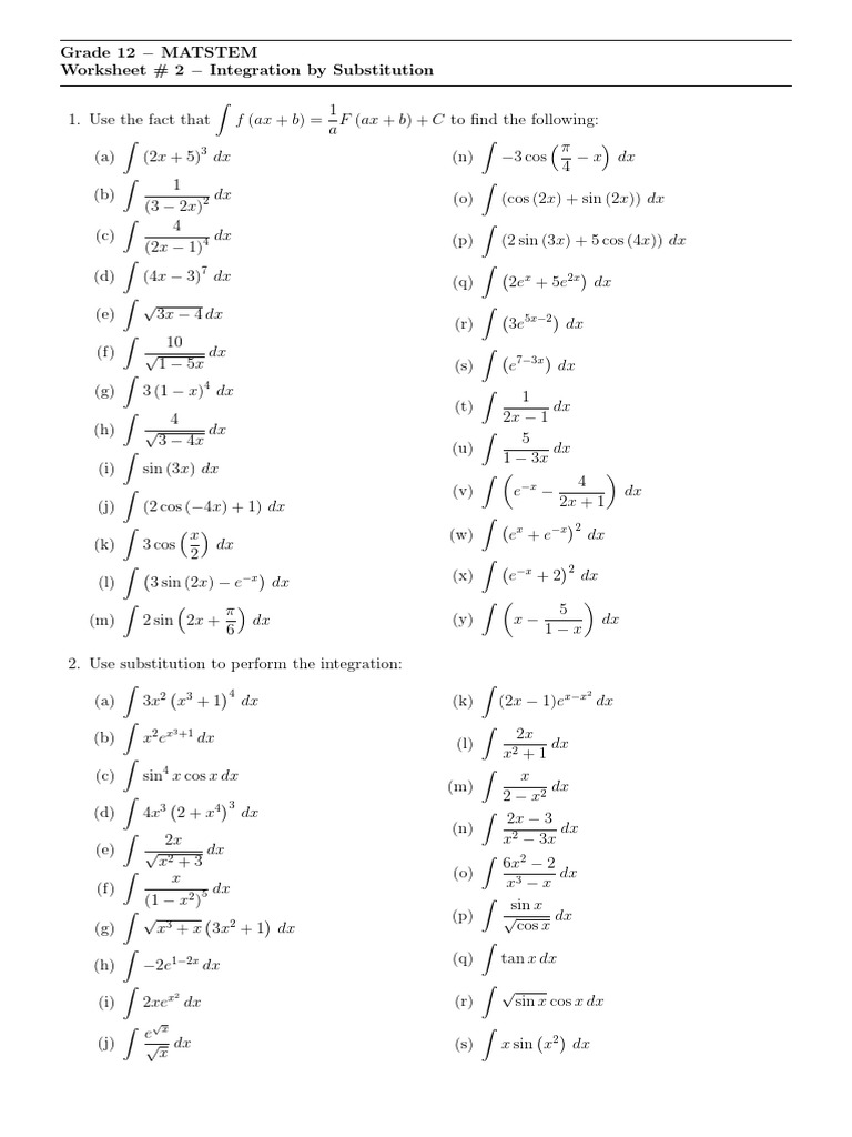 Integration by Substitution Worksheet | PDF | Mathematical Analysis | Space