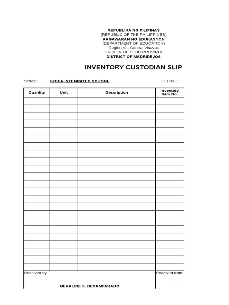 Inventory Custodian Slip Republika NG Pilipinas Kagawaran NG Edukasyon