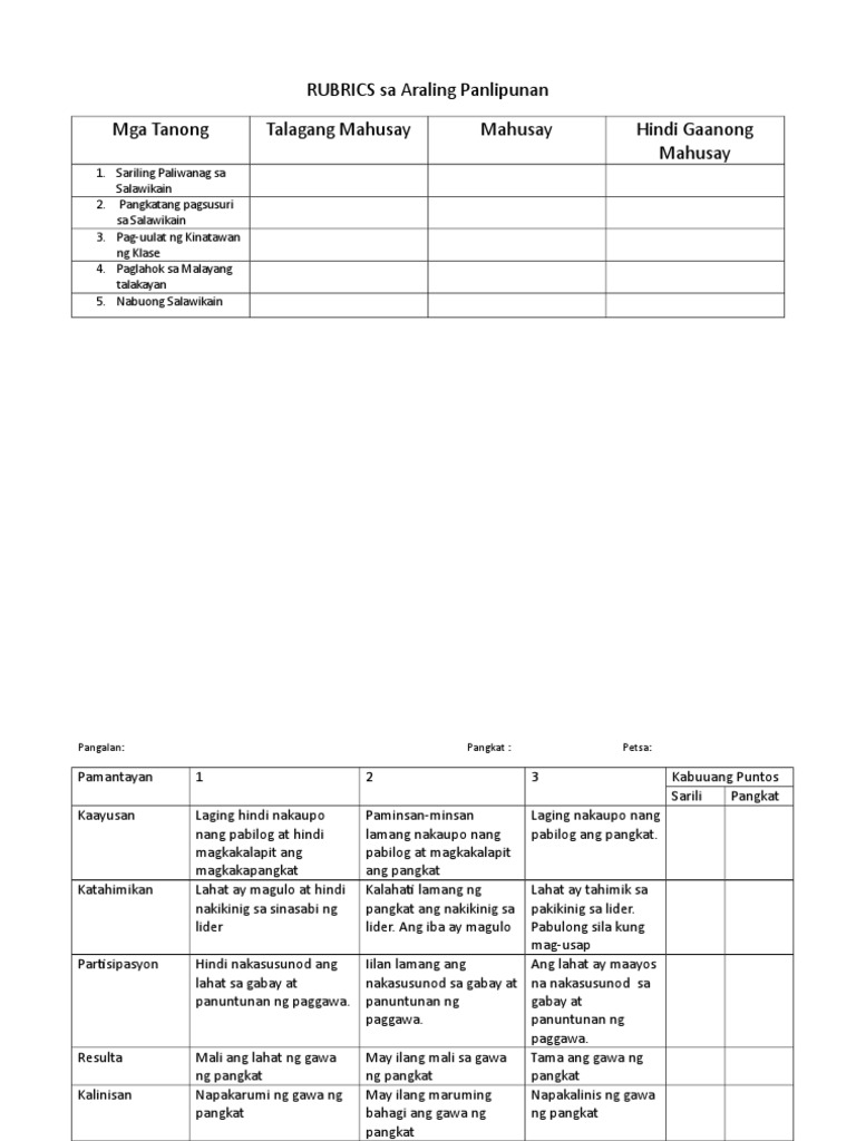 Rubrics sa araling panlipunan