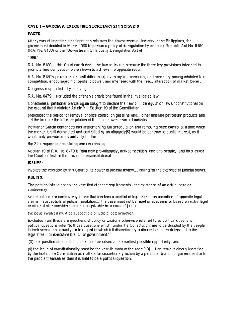 Garcia v. Executive Secretary Case Analysis of Philippines Oil Industry Deregulation PDF
