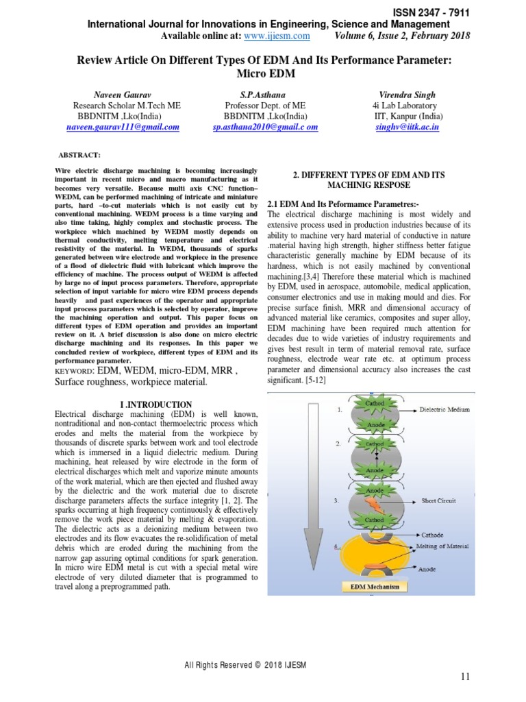 Review Article On Different Types Of Edm And Its Performance Parameter