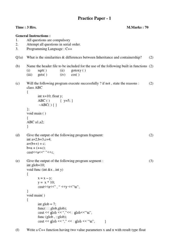C++ Practice Paper with Programming Questions | PDF | Method (Computer ...