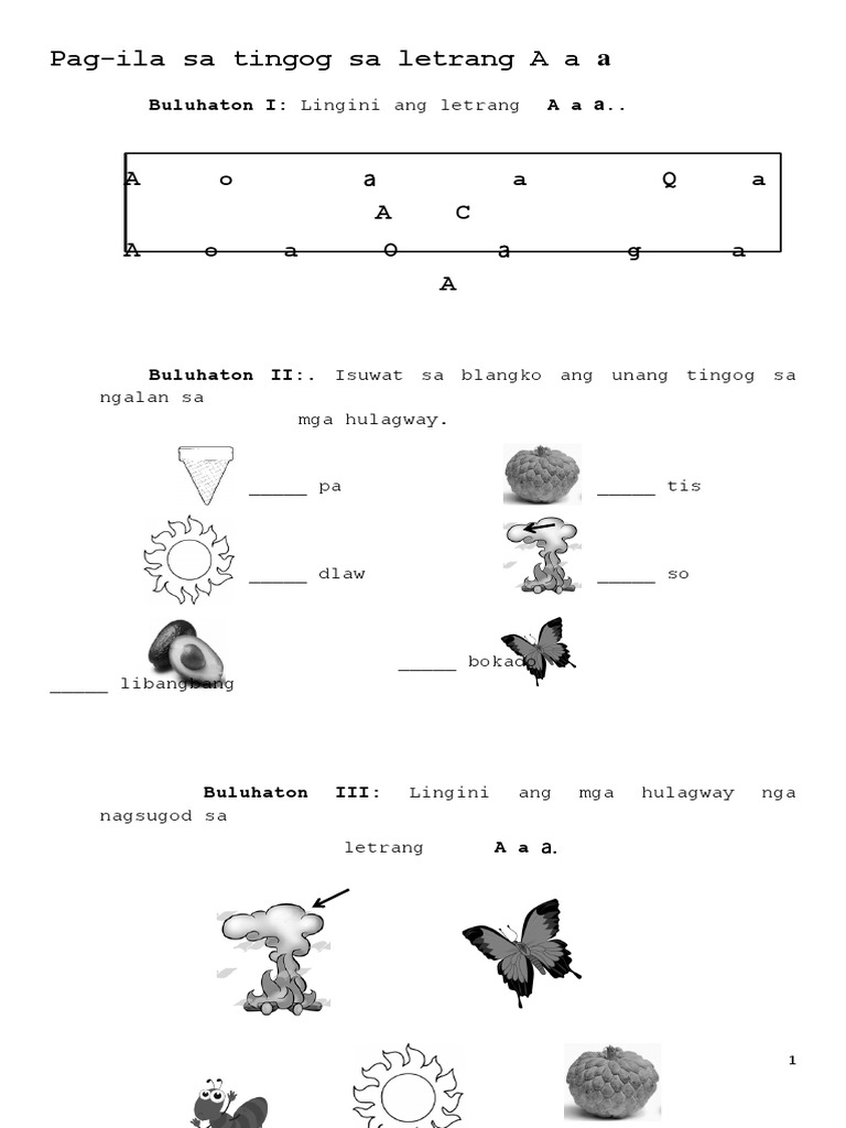 Letter Aa, Ee, II Sinugbuanong Binisaya Worksheet PDF