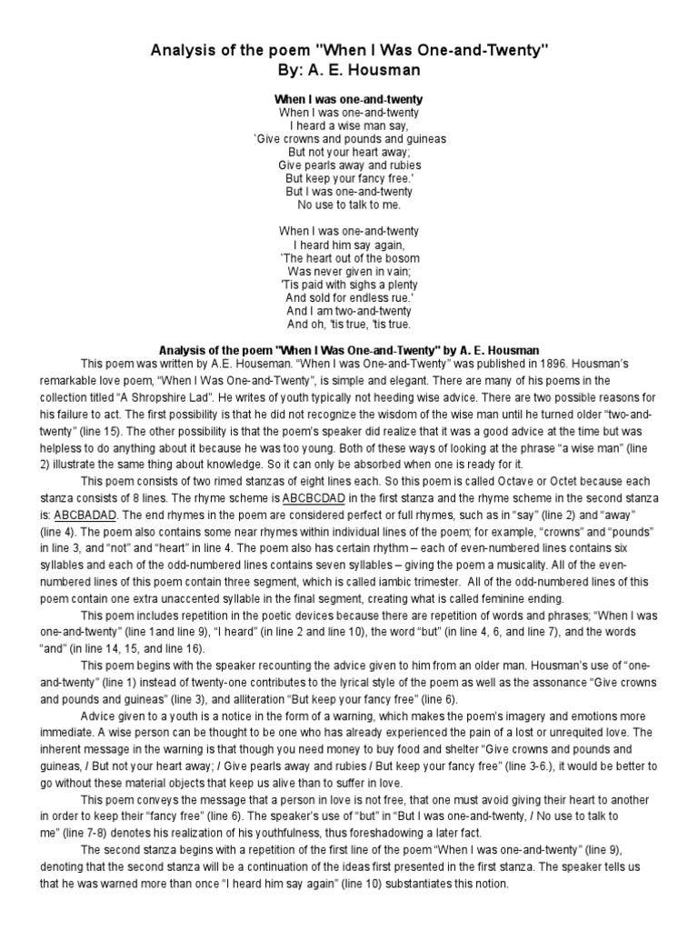 Analysis of the poem when i was one and twenty by a e housman