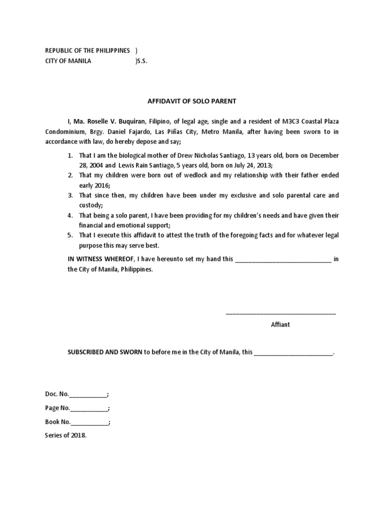 Affidavit of Solo Parent in Manila | PDF | Politics | Wellness