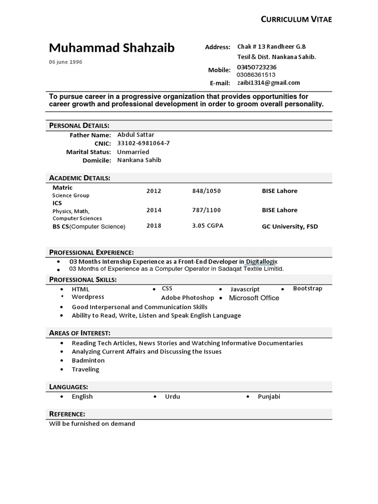 Muhammad Shahzaib Father Name Cnic Marital Status Unmarried