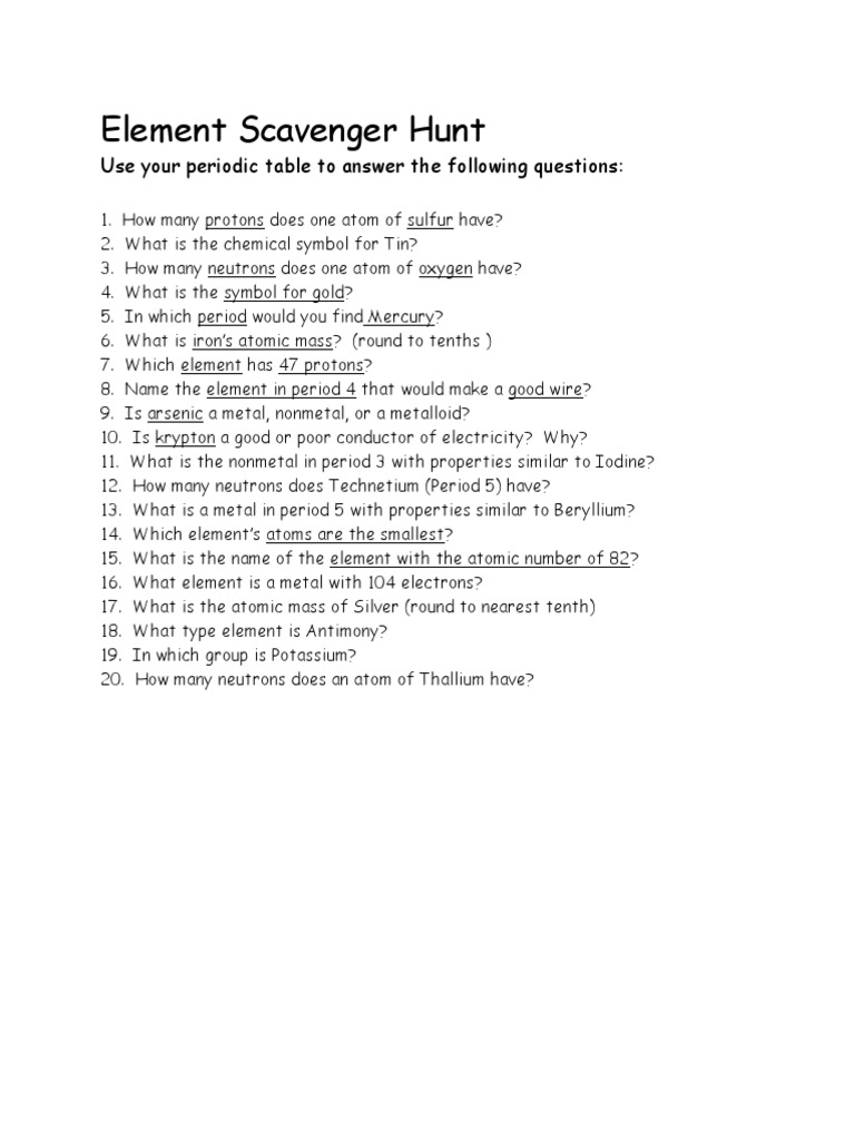 Element Scavenger Hunt: Use Your Periodic Table To Answer The Following  Questions | PDF