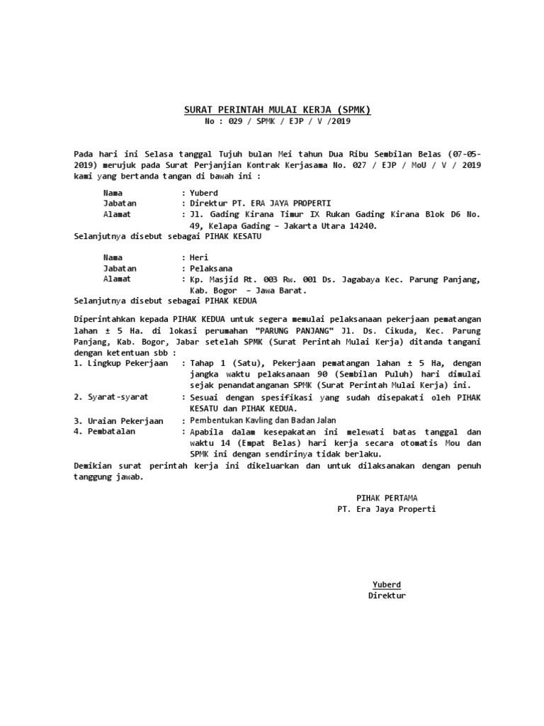 Contoh Surat Perintah Mulai Kerja | PDF
