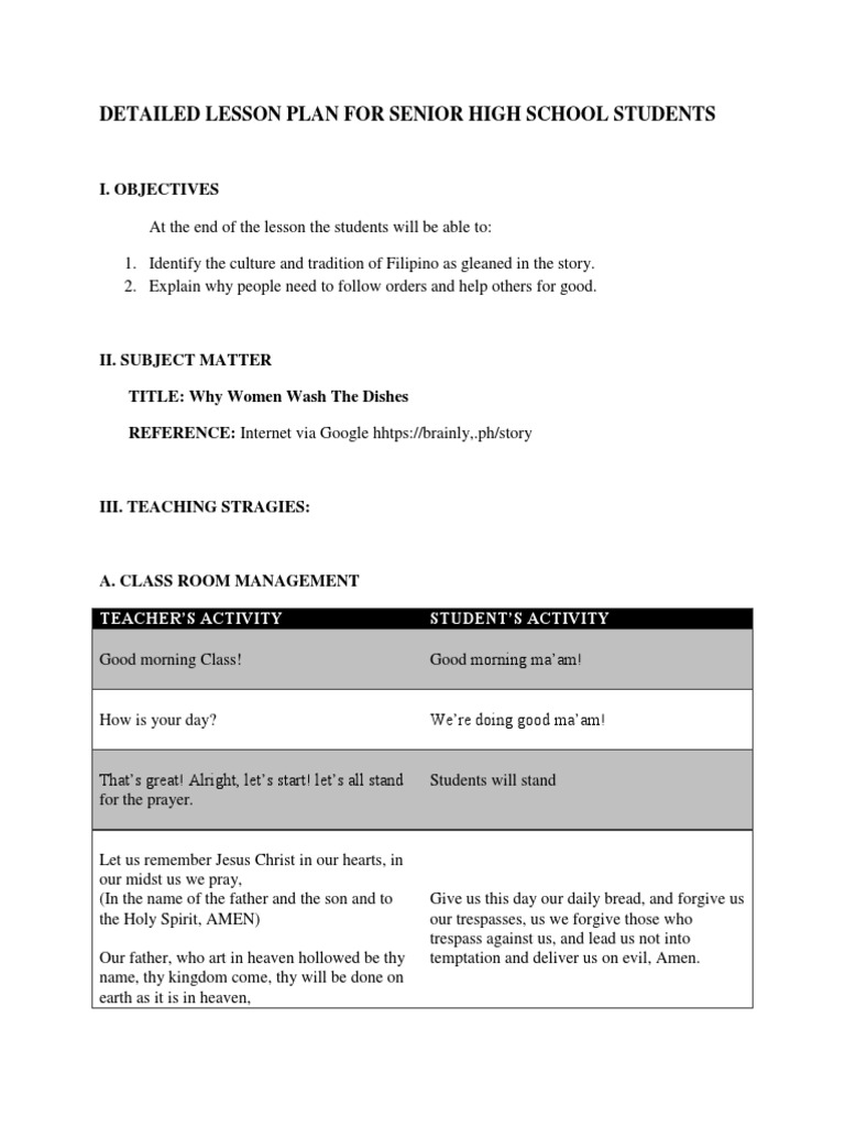 Detailed Lesson Plan: Senior High School | PDF | Lord's Prayer