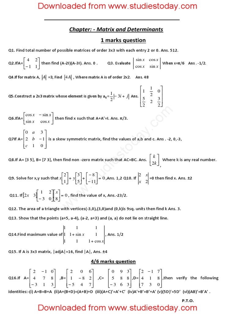 Chapter Matrix and Determinants 1 Marks Question PDF Matrix