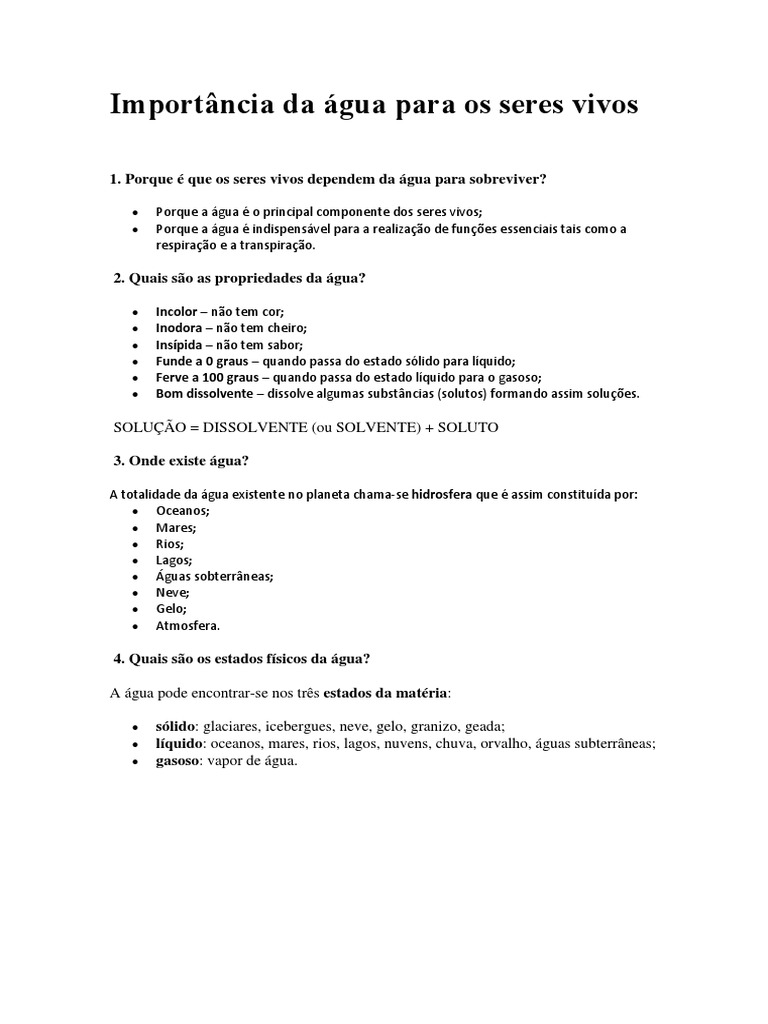 Importância Da água Para Os Seres Vivos Pdf Ciclo Da água águas