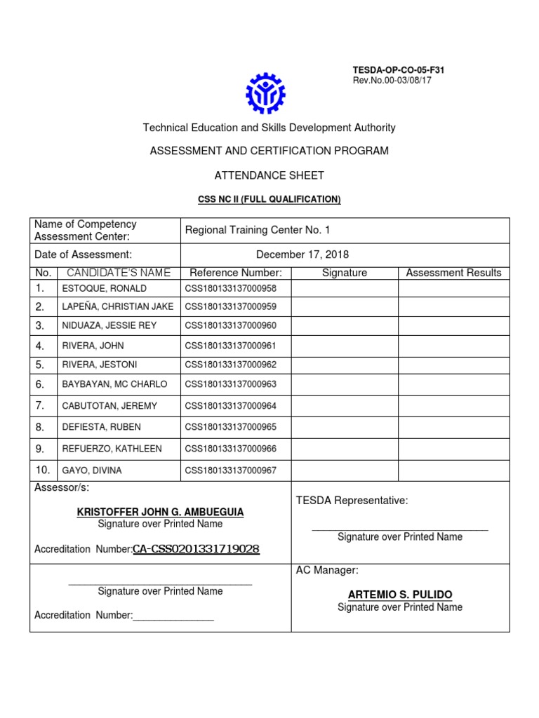 Tesda-Op-Co-05-F31: Ca-Css0201331719028 | Download Free PDF ...