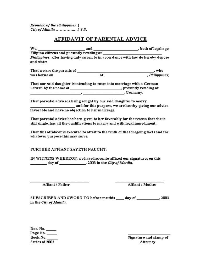 Affidavit of Parental Advice: Republic of The Philippines) City of ...