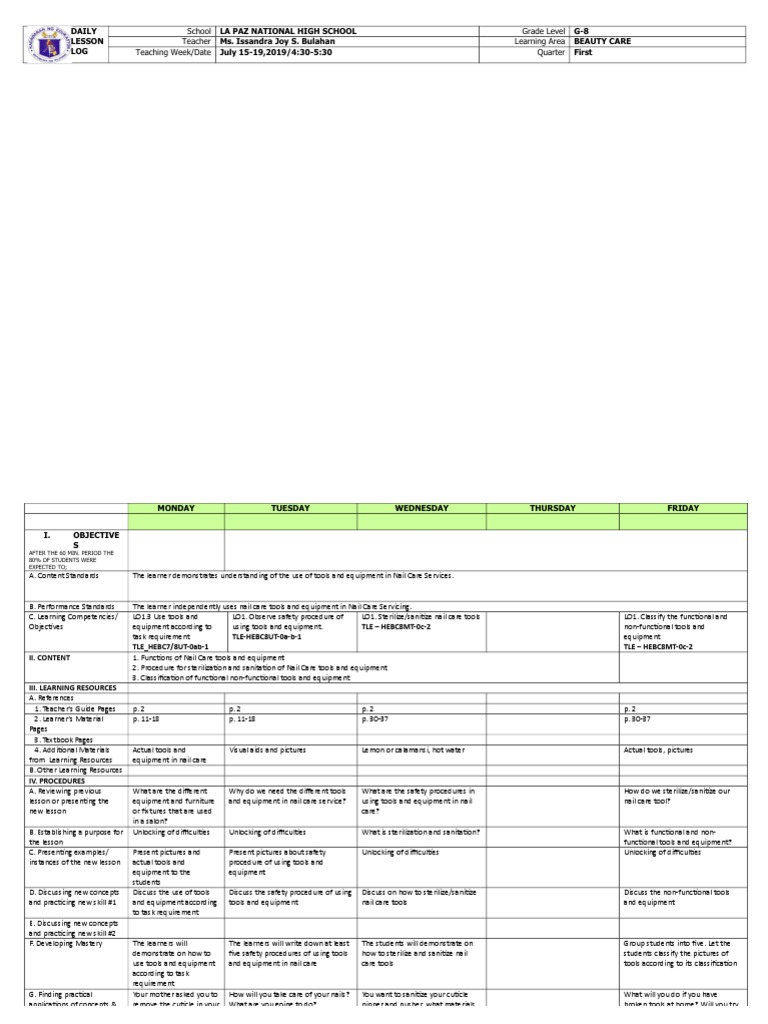 DLL Tle Grade 8 July 1519,2019 PDF Nail (Anatomy) Applied Psychology